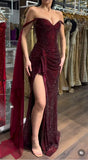 Glamorous Dark Off The Shoulder Burgundy Sequined Long Slit Prom Dresses Mermaid With Beads HZ0311