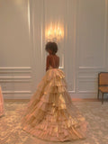 Luxurious Gold Pleated Layered Prom Dress Ball Gown Quinceanera Party Dress HZ0311