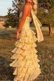 Classy Sheath Strapless Yellow Chiffon Floral Long Prom Dresses Party Dress 18th Birthday Outfits Graduation Dress HZ0311