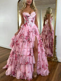 Pink Floral Corset Ball Gown Floral Blush Tiered Chiffon Long Corset Prom Dress with Slit Formal Evening Gowns HZ0311