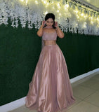 Unique 2 Pieces A line Spaghetti Strap Pink Prom Dresses Long Party Dress 22th Birthday Outfits Graduation Dress HZ0311