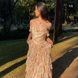 Retro A Line Spaghetti Strap 1960s Yellow Floral Chiffon Fitted Long Prom Dresses Prom Gowns HZ0311