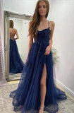 Navy Blue Halter Front Slit Spaghetti Straps A-Line Tulle Prom Dress Formal Inspo Evening Dress HZ0311