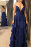 Classy A Line Dark Royal Blue Spaghetti Strap Tiered High Waist Prom Dresses HZ0311