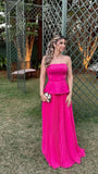 Modest Sheath Strapless Hot Pink Chiffon Prom Dresses Inspo Simple Long Prom Gowns With Scarf HZ0311