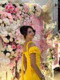 Gorgeous Yellow Sheath Off The Shoulder Yellow Satin High Slit Prom Dresses With Scarf HZ0311