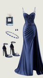 Modest Mermaid Spaghetti Straps Navy Blue With Beads Slit For Women Party Dress Long Formal Prom Dresses 22th Birthday Outfits HZ0311