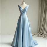 Women's Cocktail Party Gowns A Line V Neck Light Sky Blue Satin With Pleated Long Graduation Dinner Outfits Prom Dresses HZ0311