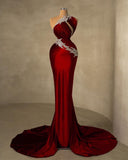Vintage Mermaid One Shoulder Burgundy Velvet With Beads For Women Party Dresses Formal Prom Dress Inspo 22th Birthday Gown HZ0311