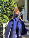 Luxurious A line Spaghetti Straps Satin Beaded Long Prom Dresses Evening Dress HZ0311