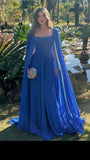 Chic A line Strapless Blue Chiffon Basque Waist Sleeveless Evening Formal Prom Dresses With Shawl HZ0311