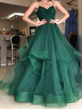 Modest Ball Gown Spaghetti Straps Green Tulle Long Prom Dress Evening Formal Gowns HZ0311