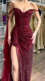 Glamorous Dark Off The Shoulder Burgundy Sequined Long Slit Prom Dresses Mermaid With Beads HZ0311