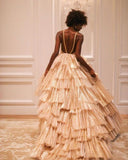 Luxurious Gold Pleated Layered Prom Dress Ball Gown Quinceanera Party Dress HZ0311