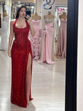 Classy Mermaid Halter Burgundy Sequins With Slit For Women Party Dress Long Formal Prom Dresses 18th Birthday Gowns HZ0311