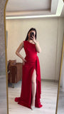 Chic Sheath One Shoulder Red With Pleated Slit Long Party Women Prom Dresses HZ0311