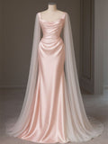 Lovely Pink Satin Mermaid Long Party Dress with Tulle, Pink Satin Floor Length Prom Dress HZ0311