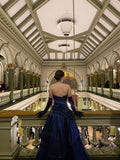 Vintage Navy Blue Exquisite Floral Long Satin Ball Gown Evening Dress Prom Dress Princess Formal Dress HZ0311