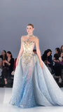 Modest Mermaid High Neck Blue Tulle Gold Beaded Long Prom Dresses Inspiration Evening Gowns For Women Formal Party Dress HZ0311