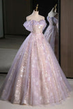 Modest Lilac Off The Shoulder Tulle A Line Prom Dress With Appliques HZ0311