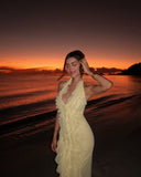 Ruffles Decoration Long Prom Dress Women Halter Low-Neck Backless Sleeveless Vacation Wedding Guest Gown HZ0311