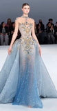 Modest Mermaid High Neck Blue Tulle Gold Beaded Long Prom Dresses Inspiration Evening Gowns For Women Formal Party Dress HZ0311