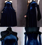 Vintage Dark Blue Halter Neck A-Line Velvet Long Formal Prom Dress Evening Dress, HZ0427