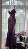 Vintage V Neck Dark Purple Chiffon Sequin Mermaid Long Party Gown Evening Dress 20th Birthday Outfits HZ0311
