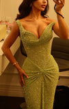 Charming Mermaid One Shoulder Sequins Green Pleated Inspiration Long Prom Dresses Evening Party Dress Prom Gowns HZ0311