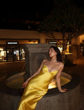 Spaghetti Straps Yellow Satin Mermaid Long Evening Prom Dresses Backless Vacation Wedding Guest Dress HZ0311