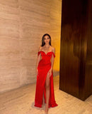 Glitter Mermaid Off The Shoulder Red Satin Prom Dresses With Leg Slit Evening Women Party Formal Gown 21st Birthday Outfits HZ0311