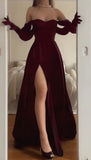 Unique A Line Off The Shoulder Burgundy With Slit Prom Dresses Formal Gown Inspo Evening Outfits HZ0311