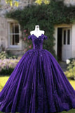 Chic Ball Gown Off The Shoulder Grape Sequins Long Formal Fancy Prom Evening Dress Dinner Outfits Party Gowns For Teens Girls HZ0311