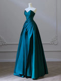 A-Line Sweetheart Satin Green Long Prom Dress Green Satin Long Formal Evening Dress HZ0311