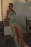 Gorgeous Mermaid Halter Neck Green Long Party Dress With 3D Flowers Evening Gowns HZ0311
