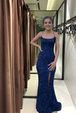 Navy Blue Sequin Long Prom Dresses Mermaid Cross Back Evening Party Dresses HZ0311