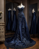 Unique Ball Gown Sweetheart Navy Blue Satin With Lace Long Prom Dresses Formal Gown Inspo Evening Outfit HZ0311