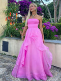 Gorgeous Fashion Pink A Line Strapless Organza Prom Dress Formal Gowns HZ0311