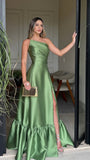 Classy Prom Dresses Inspiration A line One Shoulder Green Satin Long Semi Formal Dance Grad Prom Dresses For Teens HZ0311