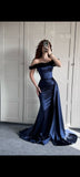 Modest Mermaid Off The Shoulder Marine Ball Dresses Floor Length Formal Gowns Navy Blue Prom Dresses Evening Dress HZ0311