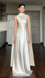 Chic Sheath Scoop Neck Champagne With Pleated Cape Long Party Women Prom Dresses HZ0311