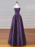 Classy Simple A-Line Dark Blue Satin Long Prom Dress, Dark Blue Long Formal Dress HZ0311