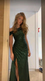 Modest Mermaid Off The Shoulder Marine Ball Dresses Floor Length Formal Gowns Green Sequins Prom Dresses Evening Dress HZ0311