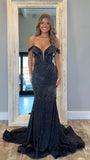 Sparkly Mermaid Off The Shoulder Marine Ball Dresses Floor Length Formal Gowns Navy Blue Prom Dresses Evening Dress HZ0311