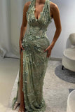 Gorgeous Mermaid Halter Neck Green Long Party Dress With 3D Flowers Evening Gowns HZ0311