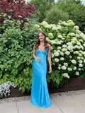 Blue Mermaid V-neck Beaded Back Tie Long Prom Dress Party Dresses For Women HZ0311