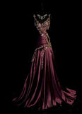 Chic Grape Dresses V-neck A-Line Long Prom Dresses Embroidery Satin Sleeveless Princess Formal Dress HZ0311
