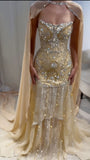 Strapless Evening Dress With Cap Sleeve Shiny Luxury Crystal Beading Bandage Back Mermaid Graduation Gown HZ0311