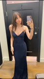 Sexy Mermaid Spaghetti Straps Sleeveless Navy Blue Long Formal Dresses Sequins Prom Dress HZ0311