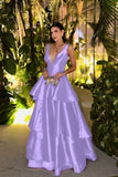 Straps Deep V Neck Sleeveless A Line Long Prom Dress With Pleated Birthday Outfits HZ0311